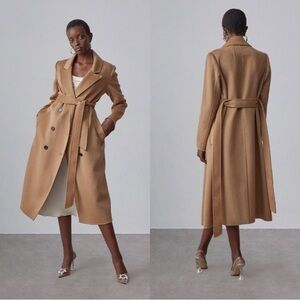NWT Silk Maison Double-Breasted Camel Hair Maxi Trench Coat In Tan Sz Large
